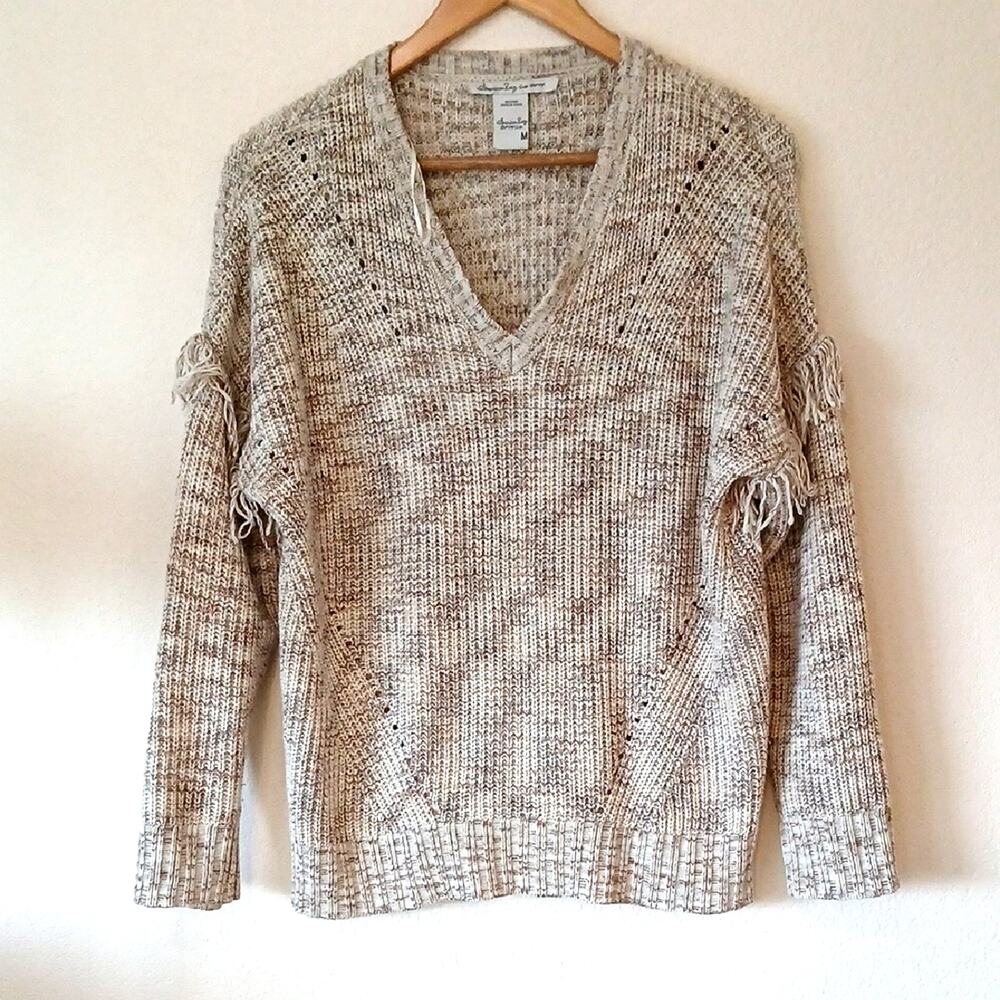 American Rag Cie Oatmeal Vneck Sweater Fringe On Shoulders